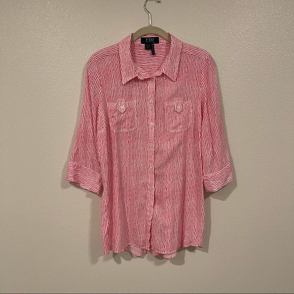 fdj Tops - FDJ Lightweight Summer Striped Button Down Blouse Size 8